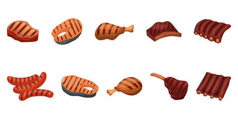 Grilled meat, fish and chicken, a set of barbecue products. Vector illustration on a white background - obrazy, fototapety, plakaty