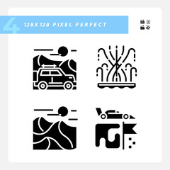 Sightseeing Dubai tourism black glyph icons set on white space. Jeep trip. Dune bashing safari. formula one grand prix racing. Silhouette symbols. Solid pictogram pack. Vector isolated illustration