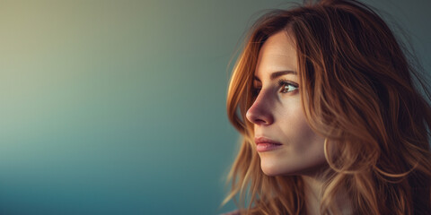 Side profile of a thoughtful woman with wavy hair against a gradient blue background