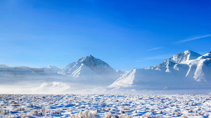 Panoramic Winter Scene with Fresh Snow and Blue Sky in Eastern Sierra California - 4K Ultra HD Image