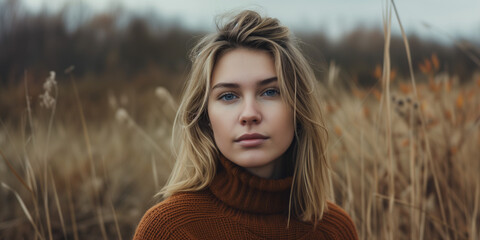 Young woman amidst a field of tall grasses, her contemplative expression matching the fall scenery