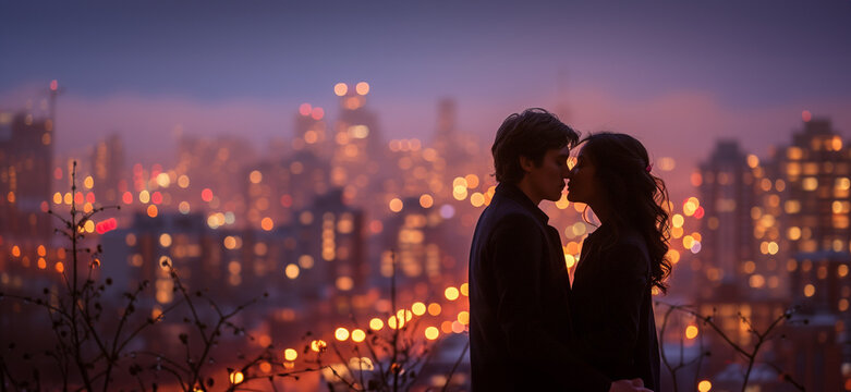 A silhouette of a couple kissing, framed by the twinkling lights of a city at dusk, evoking a sense of romantic urbanity.
