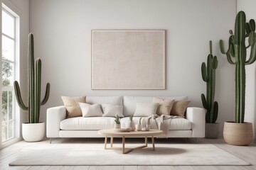 Beautiful spring decorated interior in white textured colors. Living room, beige sofa with a rug and a large cactus