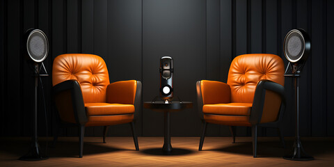 Podcast or Interview Setup with Two Chairs and Microphones, Intimate Conversations A Dimly Lit Room , 