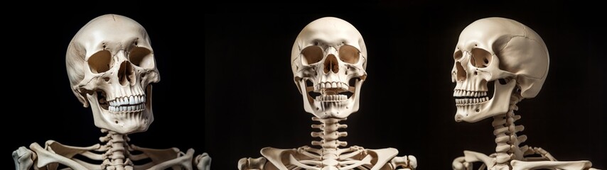 Fototapeta premium Set of Halloween horror human skeletons isolated on black background banner panorama, medical, medicine, biology, science