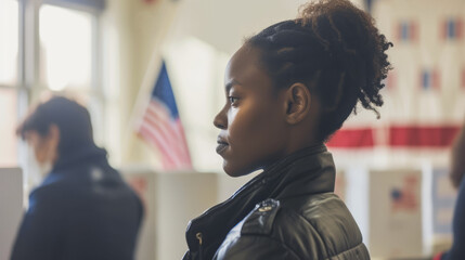 Young african american woman voting at US polling station - Elections and politic concept - Model by AI generative
