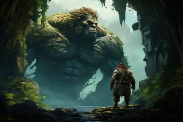 Fantasy warrior man looking at the door of an ogre magical creatures in enchanting realms.