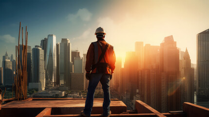 Fototapeta na wymiar Builder man with cityscape on background