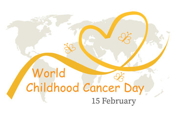 Background with a gold ribbon in the shape of a heart. The world symbol of childhood cancer on February 15th. Vector illustration.