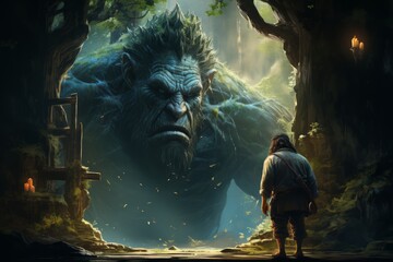 Fantasy warrior man looking at the door of an ogre magical creatures in enchanting realms.