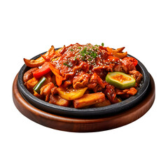 Dakgalbi is served on a round wooden plate with a transparent background