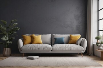 furniture and interior concept sofa with cushions at cozy home living room