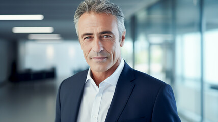 Fototapeta premium Stylish mature adult man in suit and tie standing in office hall. 