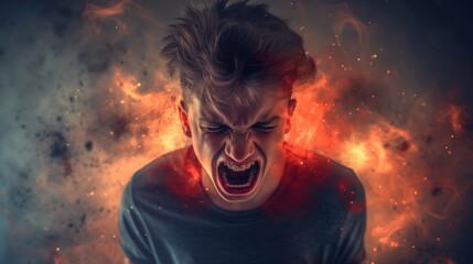 Portrait of a man screaming in anguish, fire flowing around his head, Depicting mental health and emotional turmoil