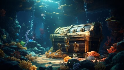 a chest full of coins and corals