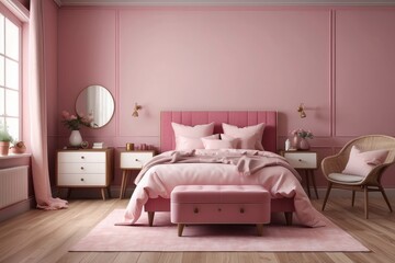 Cozy bedroom interior of retro armchair, vintage chest dwarf and bed on the background of the pink wall and painted wooden floor