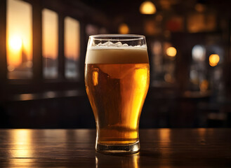 Cold beer in a glass, close up in a dark pub with a sunset light. Frosty glass of light beer. Beer glass on bar
