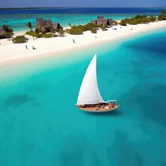 Fototapeten Board a traditional wooden dhow boat and discover the natural wonders of Zanzibar's Blue Safari, from coral reefs to deserted islands. © STORYTELLER AI