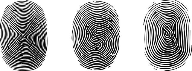 Set of Fingerprint patterns, clear lines and swirls. Human thumbprint. Icon, pictogram, logo. Black and white. Vector isolated on a white background. Security concept