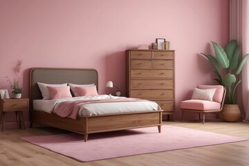 Fototapeta na wymiar Cozy bedroom interior of retro armchair, vintage chest dwarf and bed on the background of the pink wall and painted wooden floor