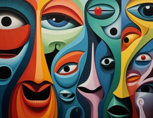 Colorful art abstract faces detailed crowd scene 