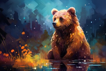 Cute bear with colored light and dots on colorful background