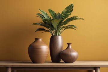 Fototapeta na wymiar Home room interior style with brown and yellow background, wooden table, vase of plant