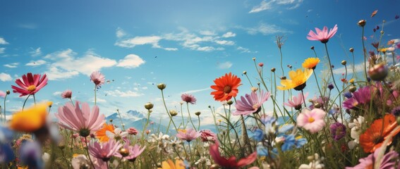 Fototapeta na wymiar a field of colorful flowers against blue skies