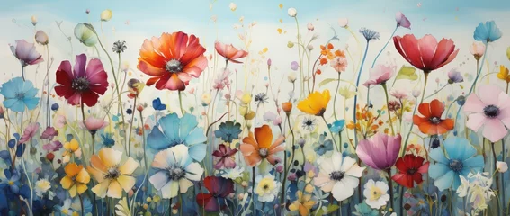 Deurstickers a field of colorful flowers against blue skies © Photo And Art Panda