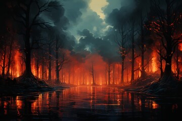 Forest with fire surrounding it, making it seem like an endless burn