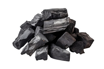 Several loose pieces of charcoal for barbecue on a cutout PNG transparent background