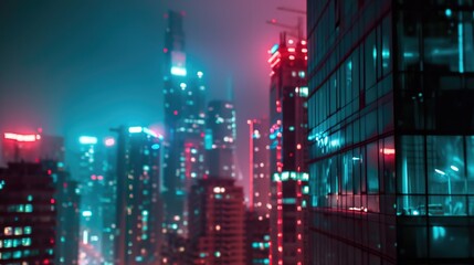  abstract business background with high rise glass buildings at night. defocus, correction of blue, pink and blue colors, futuristic style, business and finance