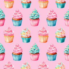 Pink and blue pastel colored watercolor cupcakes in hand drawn style on a pink background. Seamless pattern for surface decor.