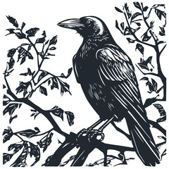 Raven on a tree branch, engraving style, vector illustration
