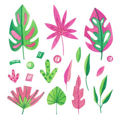 A collection with different pink and green tropical leaves. Watercolor illustration. Plants. Nature. Bright. Handmade work. Decorative. Botanical. Art. Design. Stylized. Exotic. Set.