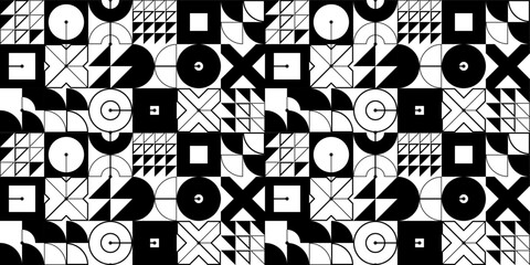 Seamless vector abstract background in black and white, geometric seamless pattern, tiling endless wallpaper with geometrical shapes structure.