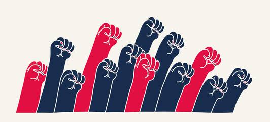 Raised fists vector illustration, concept of revolution or protest, fight for rights, political and social theme, together we are stronger. - obrazy, fototapety, plakaty