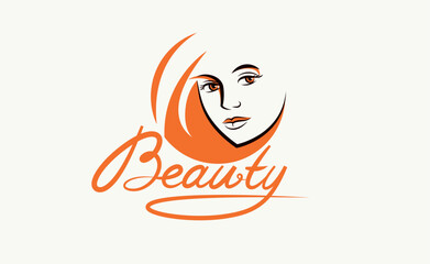 Emblem for a beauty studio or cosmetology clinic or cosmetics brand, vector illustration of a beauty woman face with Beauty work handwritten lettering, classic style logo.