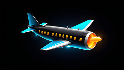 airplane icon. aircraft, flight isolated on a black background With black copy space