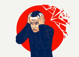 Young man feeling stressed and uncomfortable, vector illustration of a person having mental disorder panic and anxiety, psychological problems.