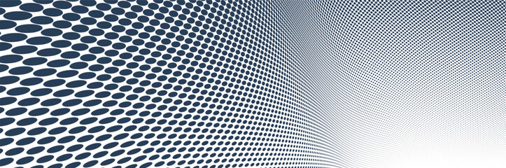Black dots in 3D perspective vector abstract background, monochrome dotted pattern cool design, wave stream of science technology or business blank template for ads. - obrazy, fototapety, plakaty