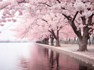 a row of trees with pink flowers