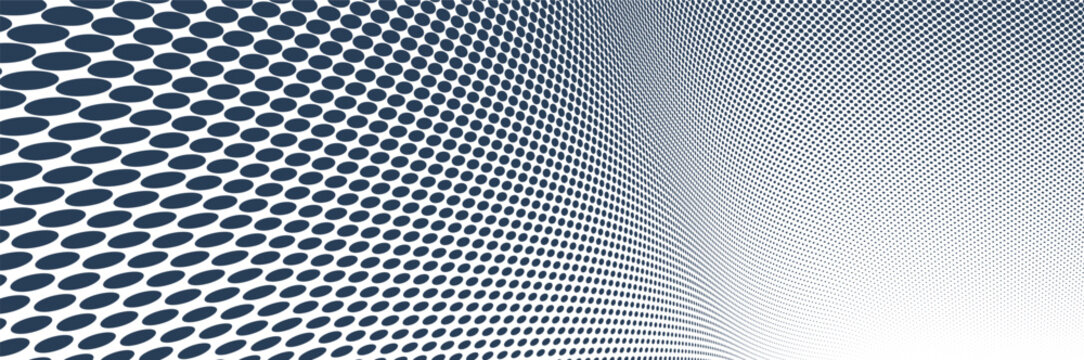 Black dots in 3D perspective vector abstract background, monochrome dotted pattern cool design, wave stream of science technology or business blank template for ads.