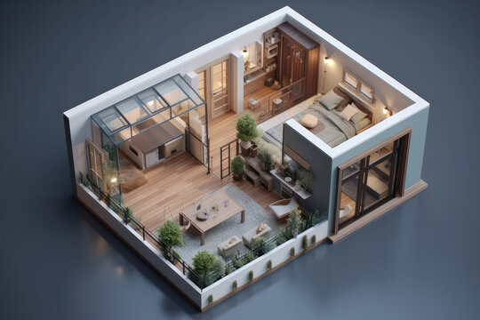 Minimal 3D house model on architectural plan