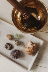 Close up photo of Tibetan singing bowl. Vintage tonned. Soft focus, blurred and noise effect. Top...