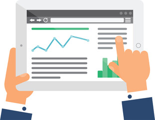User hand enters data on website of chart market on portable laptop. Consumer web page menu on screen of digital gadget. Simple flat vector isolated on white background