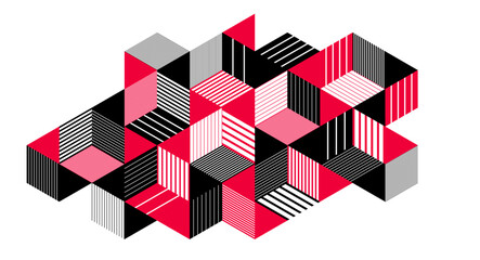 Black and red geometric vector abstract background with cubes and shapes, isometric 3D abstraction art displaying city buildings forms look like, op art optical illusion.