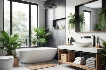 Stylish bathroom interior with countertop, shower stall and houseplants - obrazy, fototapety, plakaty