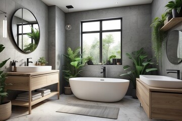 Fototapeta na wymiar Stylish bathroom interior with countertop, shower stall and houseplants