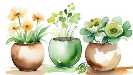 homemade flowers in pots on a white background in watercolor style